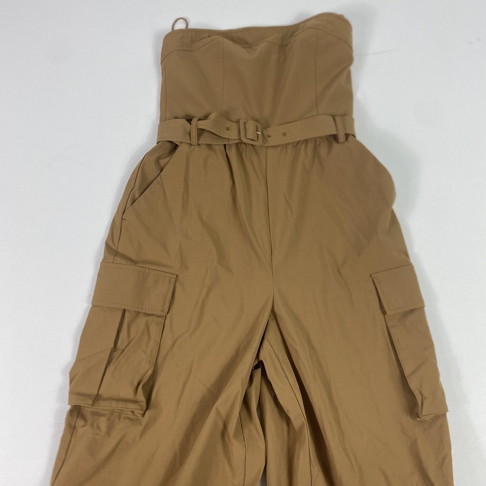 Alice + Olivia Strapless Camel Utility Cargo Jumpsuit with Belt
